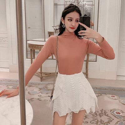 

Womens Cashmere Wool T-shirt Half High Collar Solid Color Pullover Solid Color Korean Harajuku Basic Tee Shirt Femme