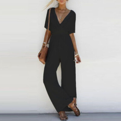 

Women V Neck Loose Playsuit Party Ladies Romper Short Sleeve Long Jumpsuit