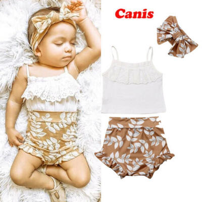 

UK Newborn Baby Girl Lace Tops Vest Floral Short Pants Headband Outfits Sunsuit
