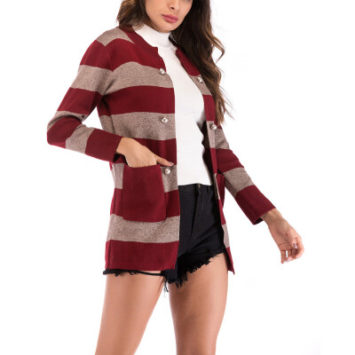 

Toponeto Women Casual Striped Knit Cardigan Button Long Sleeve Jacket Pocket Coat