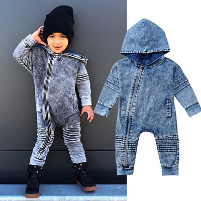 

Cool Newborn Toddler Baby Boy Girl Denim Hooded Romper Playsuit Pants Outfit Zipper Washed-out jeans Tiered Clothes