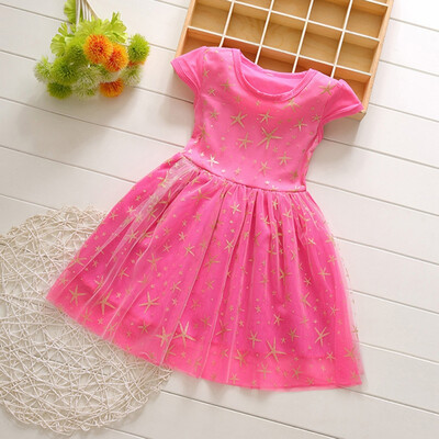 

Summer Casual Baby Girls Short Sleeve Dress with Lace Star Design Kids Toddler Pageant Princess Mesh Sundress