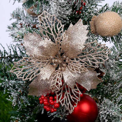 

5Pcs Artificial Christmas Flowers Glitter Fake Flowers Merry Christmas Tree Decorations Gift Xmas Ornament