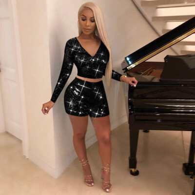 

Sexy Women Sequined Two Piece Set Crop Top V-Neck Long Sleeve Shorts Club Party Suits Outfits PinkBlack