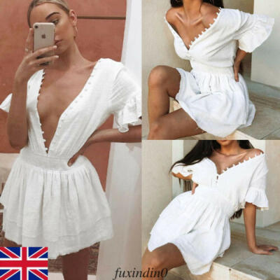 

UK Women Wrap Summer Boho Puff Sleeve Mini Dress Ladies Holiday Beach Casual