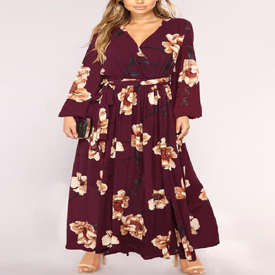

V-neck Floral Printed Bishop Long Sleeve Strappy Hem Maxi Dress
