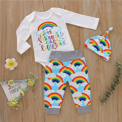 

3pcs Toddler Newborn Baby Boy Girl Rainbow Clothes Romper TopsPants Outfits Set