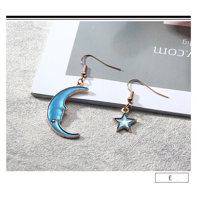 

Women Blue Metal Asymmetric Geometry Starry Moon Planet Stud Earrings Long Asymmetric Wild Sweet Jewelry Eardrop