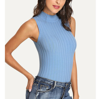 

Women Casual High Neck Vest Top Sleeveless Slim Blouse Solid Tank Tops