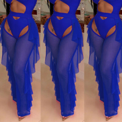 

Womens Sexy High Waist See Through Beach Mesh Sheer Lace Bikini Cover Up Swimwear Casual Flared Leg Ruffle Long Pants Trousers