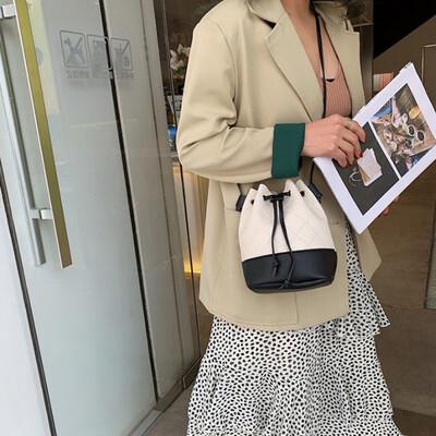 

Women Patchwork Leather Shoulder Bags Plaid Drawstring Closure Bucket Crossbody Bags Fashion Girls Travel Daily Handbags