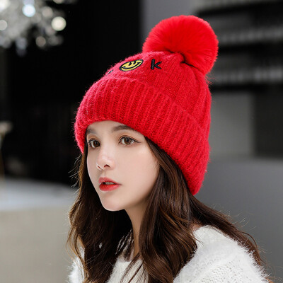 

Korean Autumn&Winter Wool Hat Outdoor Furring Thickening Heating Cap Letter Woman Ear Protector Ball Knitted Headgear