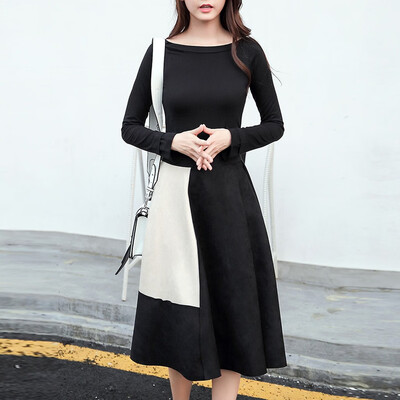 

Tailored Women Casual O-Neck Long Sleeve Shirt Color Matching Big Swing Zipper Skirt Suit