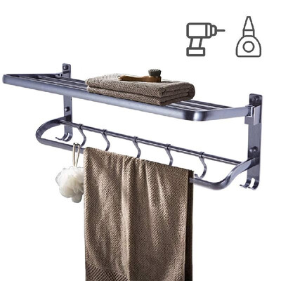 

Towel Rack for Bathroom Double Towel Bar with Shelf Folding Shower Towel Holder Wall Mounted Aluminum for Bathroom Kitchen