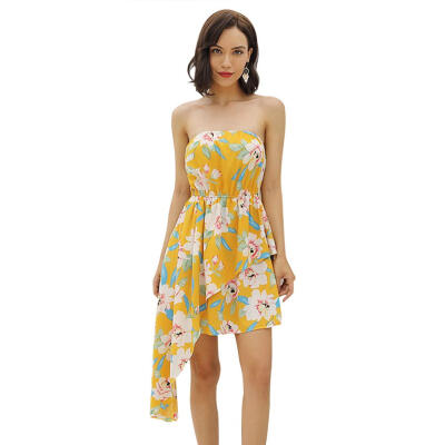 

Printed Dress Women Summer Strapless High Waist Irregular Tunic Dresses