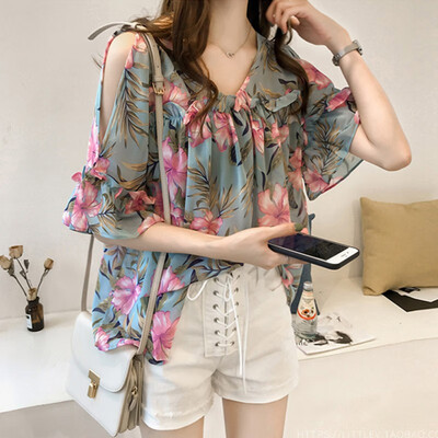

Women Summer Chiffon Blouse Sexy Cold Shoulder Shirts Casual Butterfly Sleeve Floral Printed Tops Ladies Elegant camisas mujer