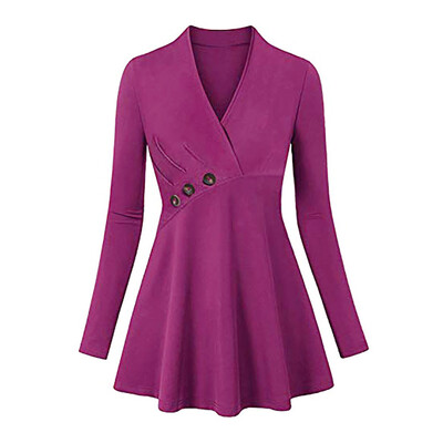 

Nomeni Women Casual Plus Size V-Neck Solid Button Tops Long Sleeve Shirt Blouse