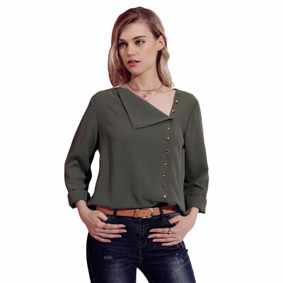 

Solid color lapel asymmetric button long sleeve casual white collar blouse top