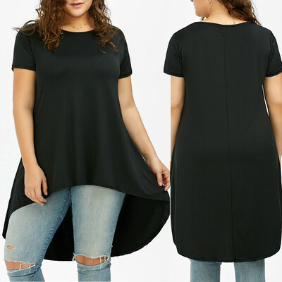 

Nomeni Fashion Women Plus Size Solid O-Neck Short Sleeve Asymmetric T-Shirt Tops