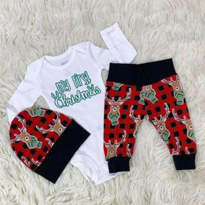 

Christmas Newborn Baby Boy Girl Tops RomperPantsHat 3Pcs Outfits Pajamas Set