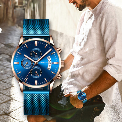 

Gobestart CRRJU Mens Watch Waterproof Calendar Steel Mesh with Chronograph Quartz Watch