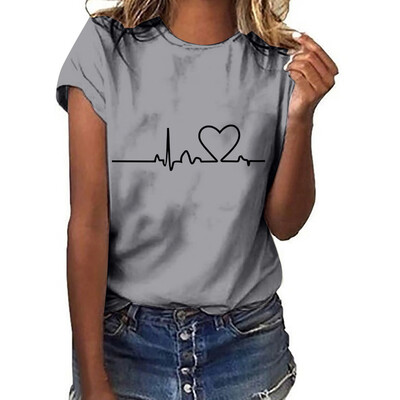 

Nomeni Women Girls Plus Size Heart Print Short Sleeved T-shirt Blouse Tops