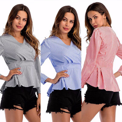 

Womens Blouse Gingham Pattern V Neck Long Sleeve Slim Fit shirts