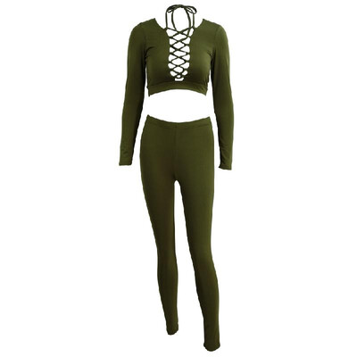 

New Sexy Women Two-Piece Set Crop Top Plunging V-Neck Bandage Cutout High Waist Long Pants Stretchy Clubwear