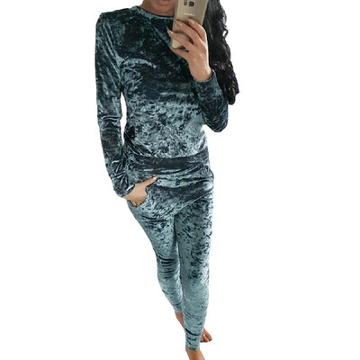 

Women Two-Piece Set Velvet Blouse Pants O-Neck Long Sleeves Elastic Waist Pocket Casual Sportswear Top Trousers