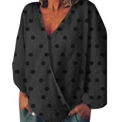 

Womens Polka Dots Loose Tops Long Sleeve Blouse Baggy V-neck Shirts Plus Size