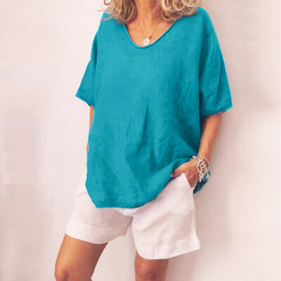 

Women Loose Fit Tee Tops Cotton Linen Half Sleeve T Shirts Blouse Plus Size