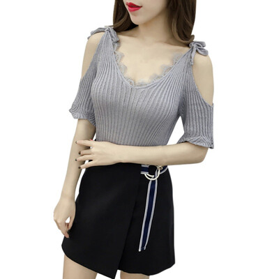 

Summer Beach T Shirt Women Casual Stretch V Neck Short Sleeve Tops Tee Cotton Off Shoulder T-Shirts One Size
