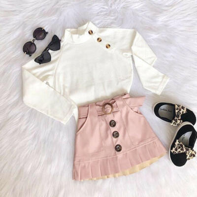 

Toddler Baby Kids Girl Winter Knit Tops ShirtButton Mini Skirt Warm Outfits Set