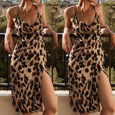 

Fashion Women Leopard Print Bodycon Dress Party Club Strappy Sexy Long Dresses