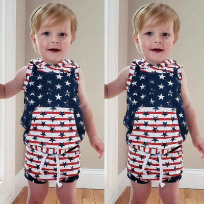 

4th of July Toddler Baby Boy Girl Sleeveless Hooded T-shirtShorts Outfits Gifts
