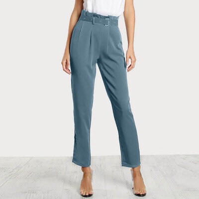 

Women High Waist Pure Color Belt Fold Wide Leg Trousers Casual Pants