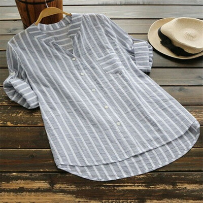 

Womens Summer Striped V Neck Blouses Loose Baggy Tops Tunic T Shirts Plus Size