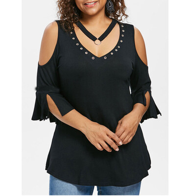 

Roseonmyhand Plus Size Fashion Women Solid T-shirt Short Sleeve Vest V-Neck Rivet Blouse