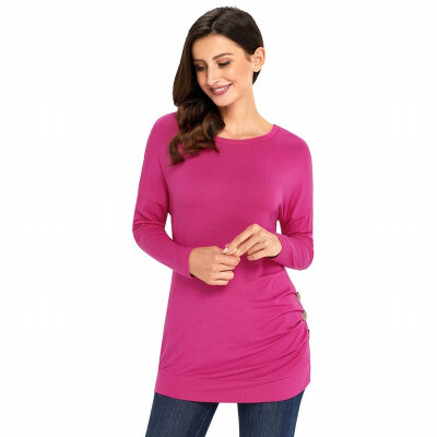 

Double shoulder round long sleeve side button solid color casual straight top