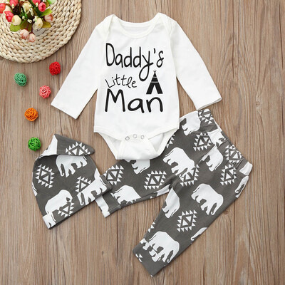 

3Pcs Newborn Infant Baby Boy Letter Romper TopsPants Cap Elephant Outfit Set