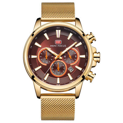 

MINI FOCUS MF0142G Fashion Waterproof Luminous 3-Dial 6-Pin Quartz Wristwatch Mens Watch With Mesh Strap Calendar Function
