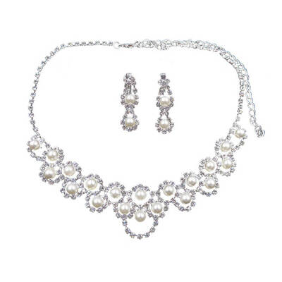 

Double Layer Pearl Necklace Earring Set Rhinestone Neck Chain Drop Pendant Dangle Eardrop Bride Jewelry Wedding