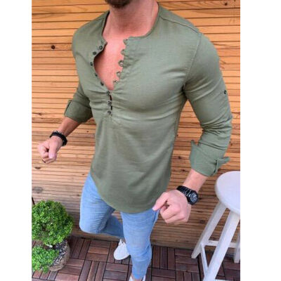 

Mens Linen Long Sleeve Summer Solid Shirts Casual Loose Dress Soft Tops Tee