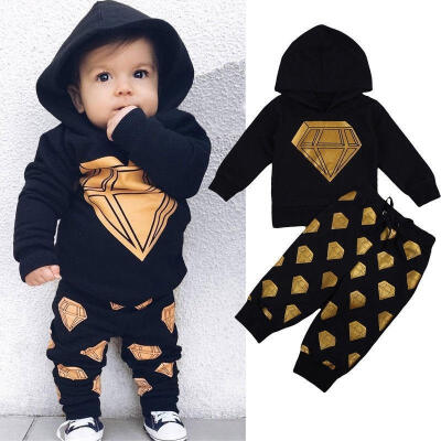 

2PCs Fashion Baby Boy Girl Long Sleeve Diamond Pattern Warm Clothes Hoodie TopsLong Pants Cotton Outfits Set 0-3Y