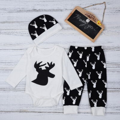 

Newborn Kids Baby Girl Boys Outfits Clothes Deer Print Romper TopsPantsHat Set