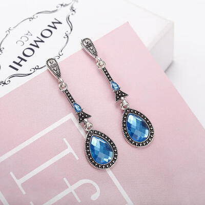 

Korean Trendy Vintage Retro Earrings Water Drop Blue Crystal Drop Earring For Women Long Statement Earings Fashion Jewelry 2019