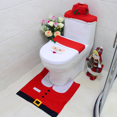 

3 PCS Set Christmas Xmas Decoration Santa Toilet Seat & Cover & Rug Bathroom Mat