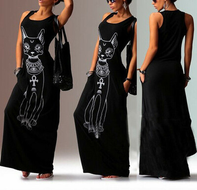 

Womens Cat Print Tunic Maxi Casual Beach Sundress Cocktail Sleeveless Kaftan Hippie Pocket Dress