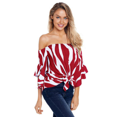 

Sexy Stripe Large Size Tees Tops Women Off Shoulder Flare Sleeve T-shirts