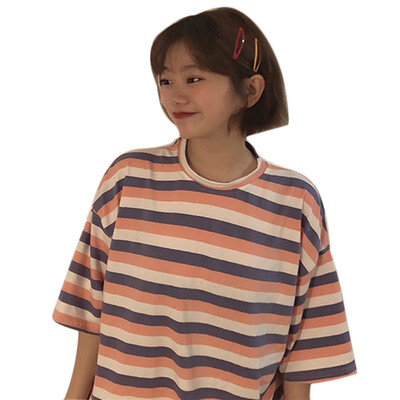 

Womens Fashion Summer Casual T Shirt Short Sleeve O-Neck Korean Style Striped Loose Long Tee
